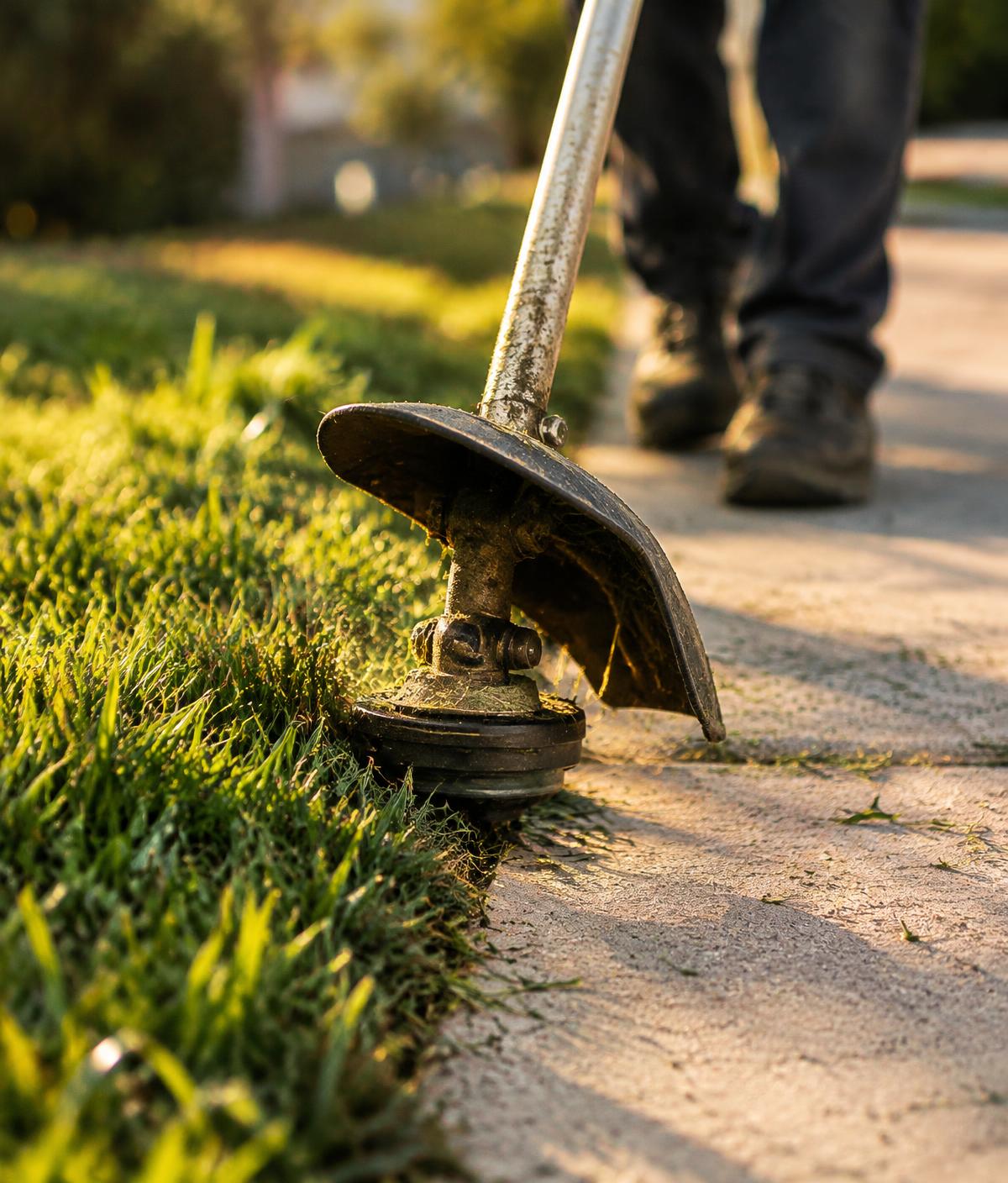 Trimmer edging grass along a clean concrete walkway