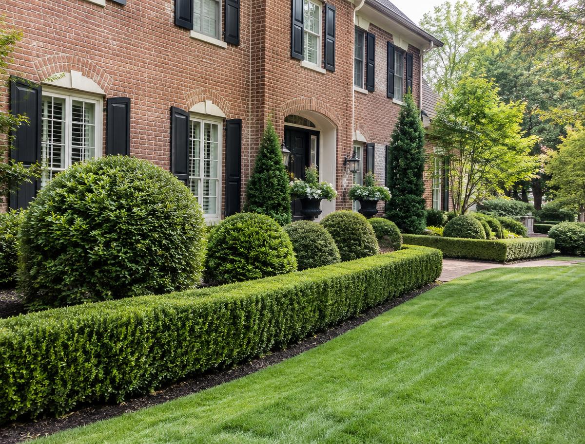 Neatly trimmed hedges and shrubs in front of a brick home