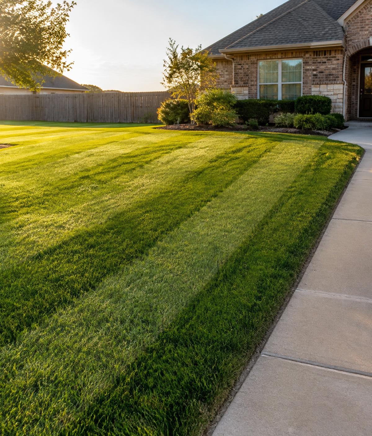 Freshly mowed striped lawn with clean edging along a walkway in Broken Arrow