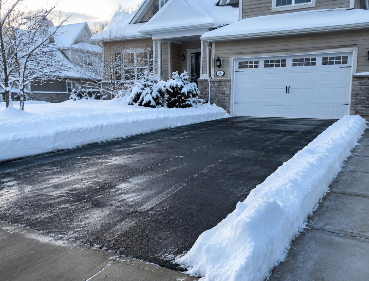 Snow-cleared residential driveway and sidewalk